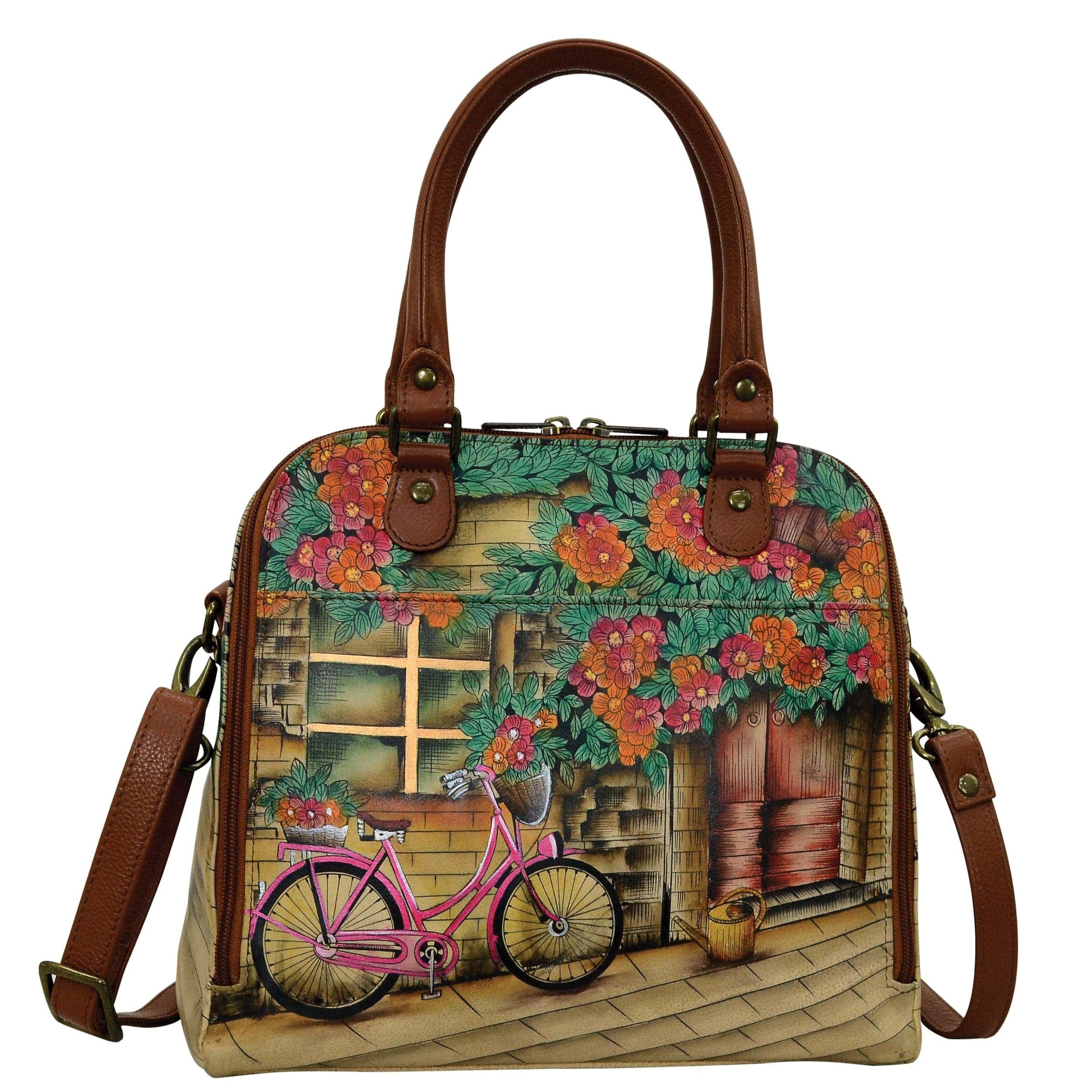 Anuschka Style 606, handpainted Zip Around Convertible Satchel. Vintage Bike painting