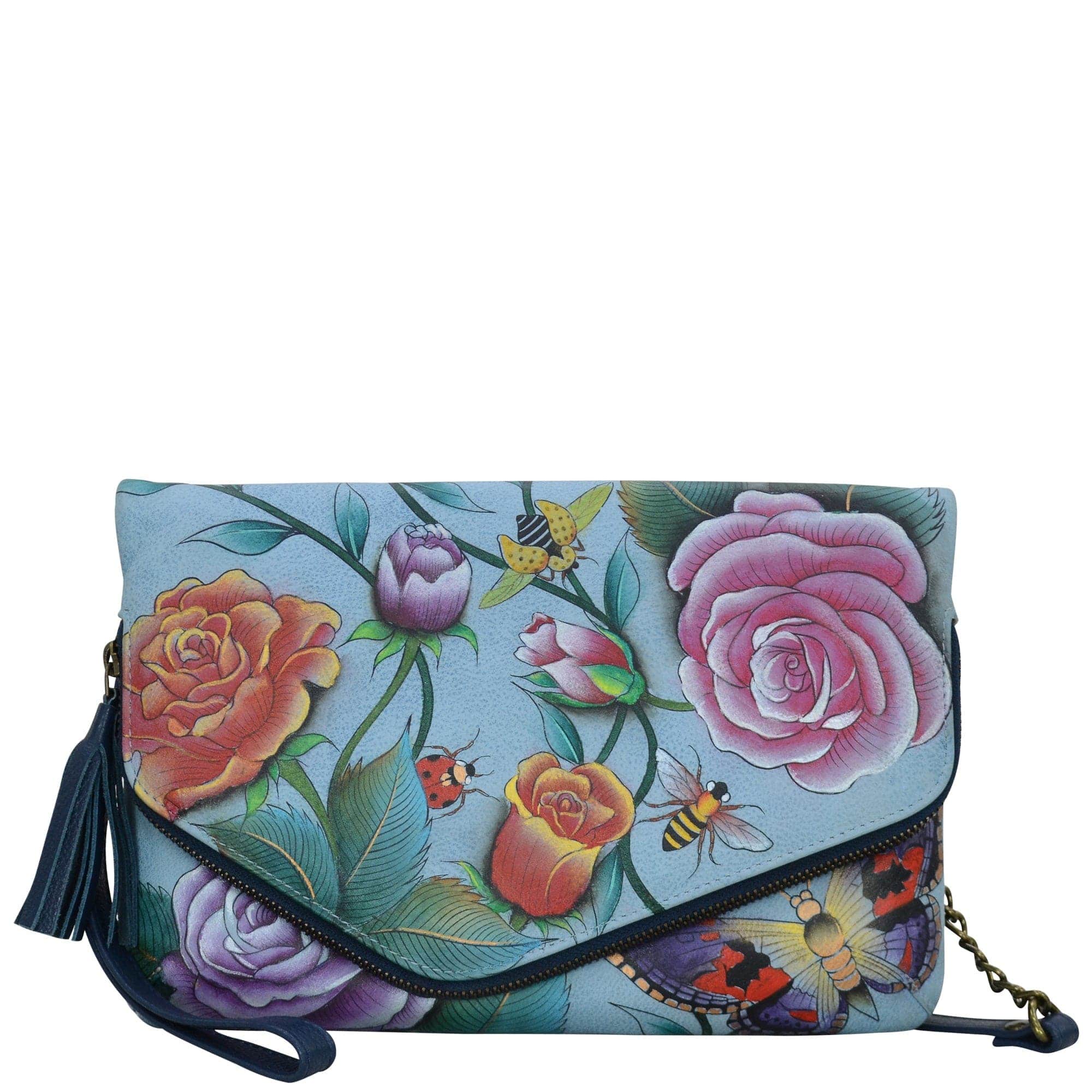 Anuschka Style 607, handpainted Convertible Envelope Clutch Wristlet. Roses D'Amour painting