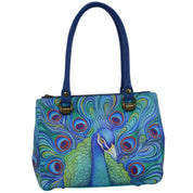 Anuschka Style 626, handpainted Triple Compartment Medium Tote. Jeweled Plume painting