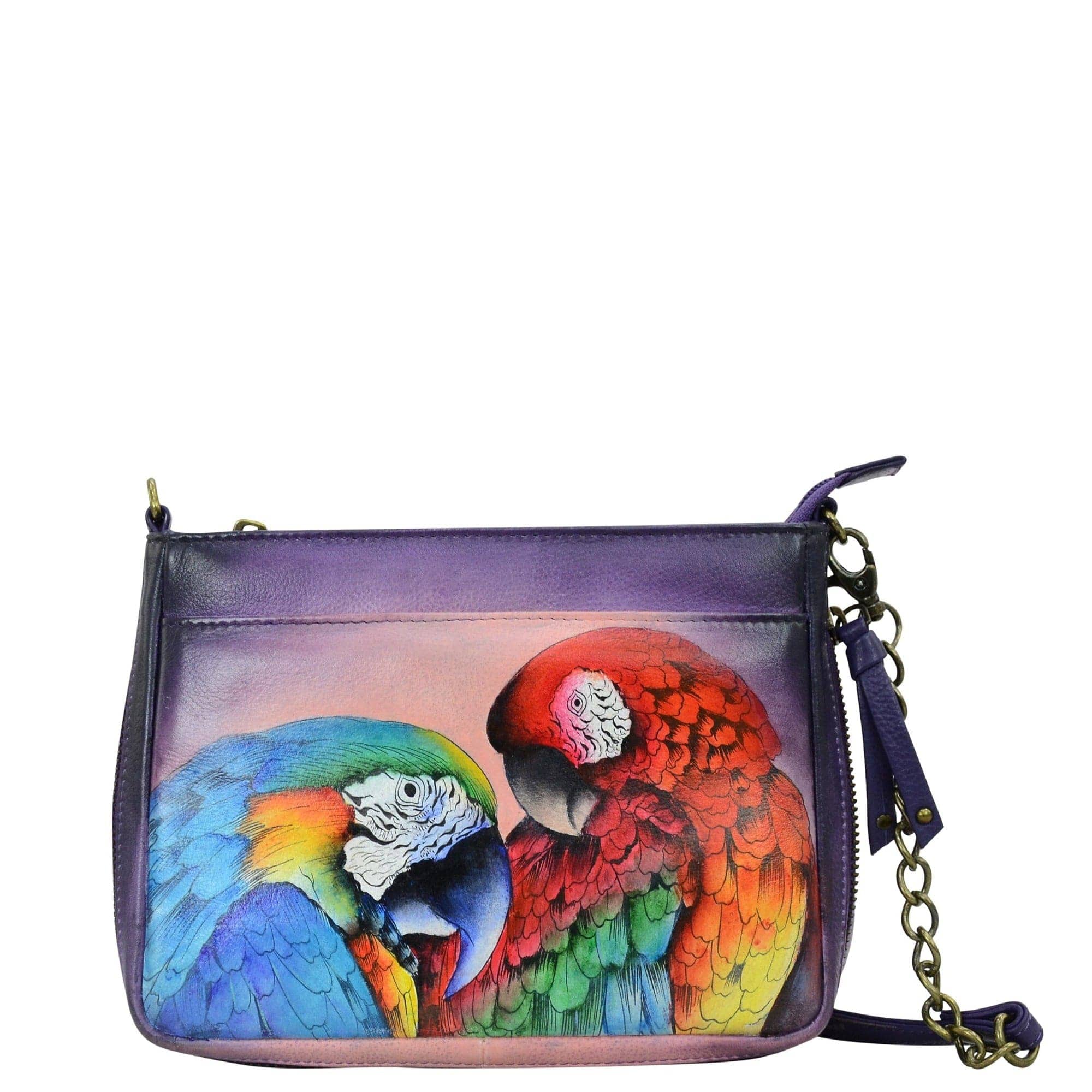 Anuschka Style 636, handpainted Compact Crossbody With Front Pocket. Rainforest Royalty painting
