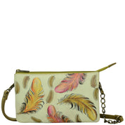 Anuschka Style 637, handpainted Organizer Crossbody With RFID Protection. Floating Feathers Ivory painting