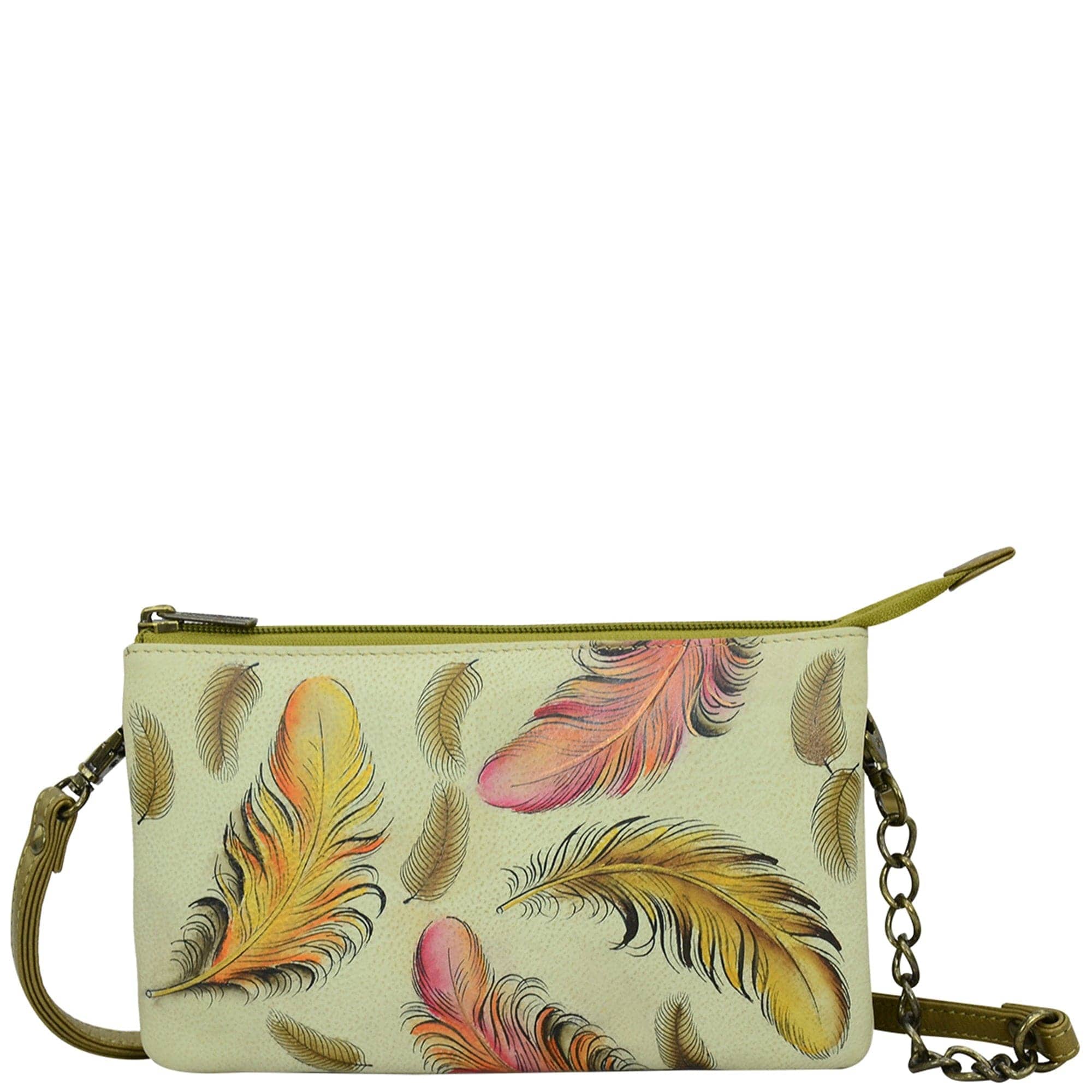 Anuschka Style 637, handpainted Organizer Crossbody With RFID Protection. Floating Feathers Ivory painting