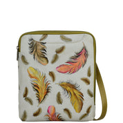 Anuschka Style 650, handpainted Large Crossbody. Floating Feathers Ivory painting