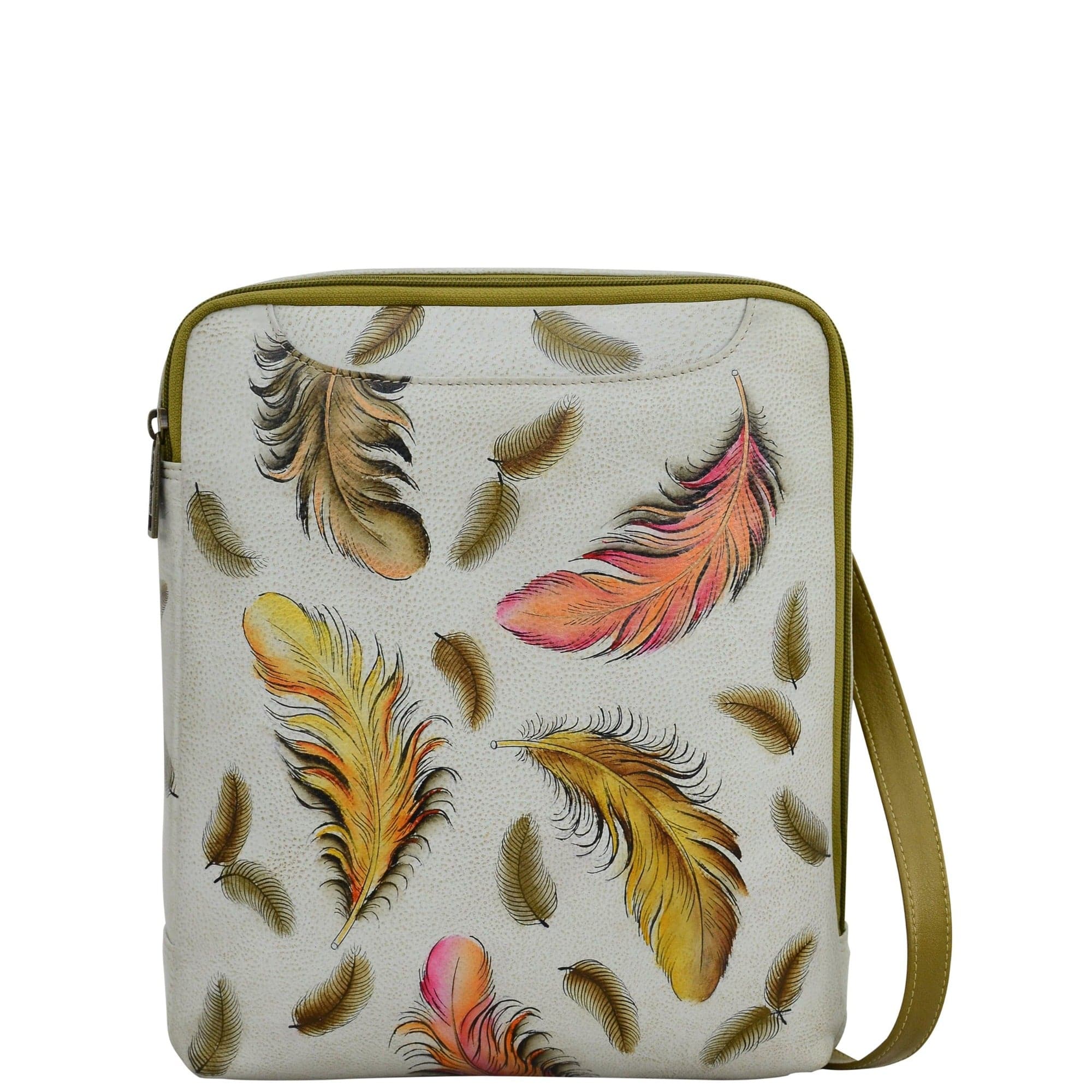 Anuschka Style 650, handpainted Large Crossbody. Floating Feathers Ivory painting