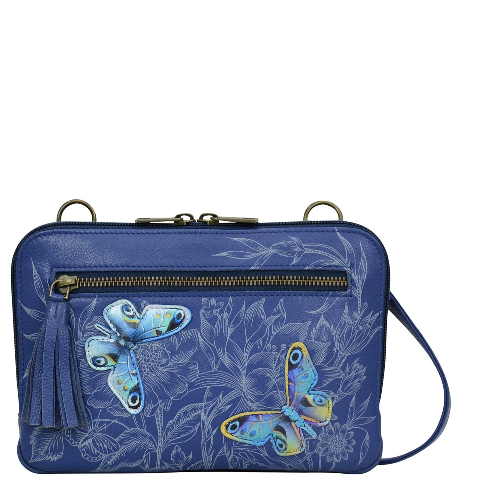 Anuschka style 663, handpainted Crossbody/Belt Bag. Garden of Delight Painting in Blue Color. Featuring full length zippered pocket, two multipurpose pockets with gusset.