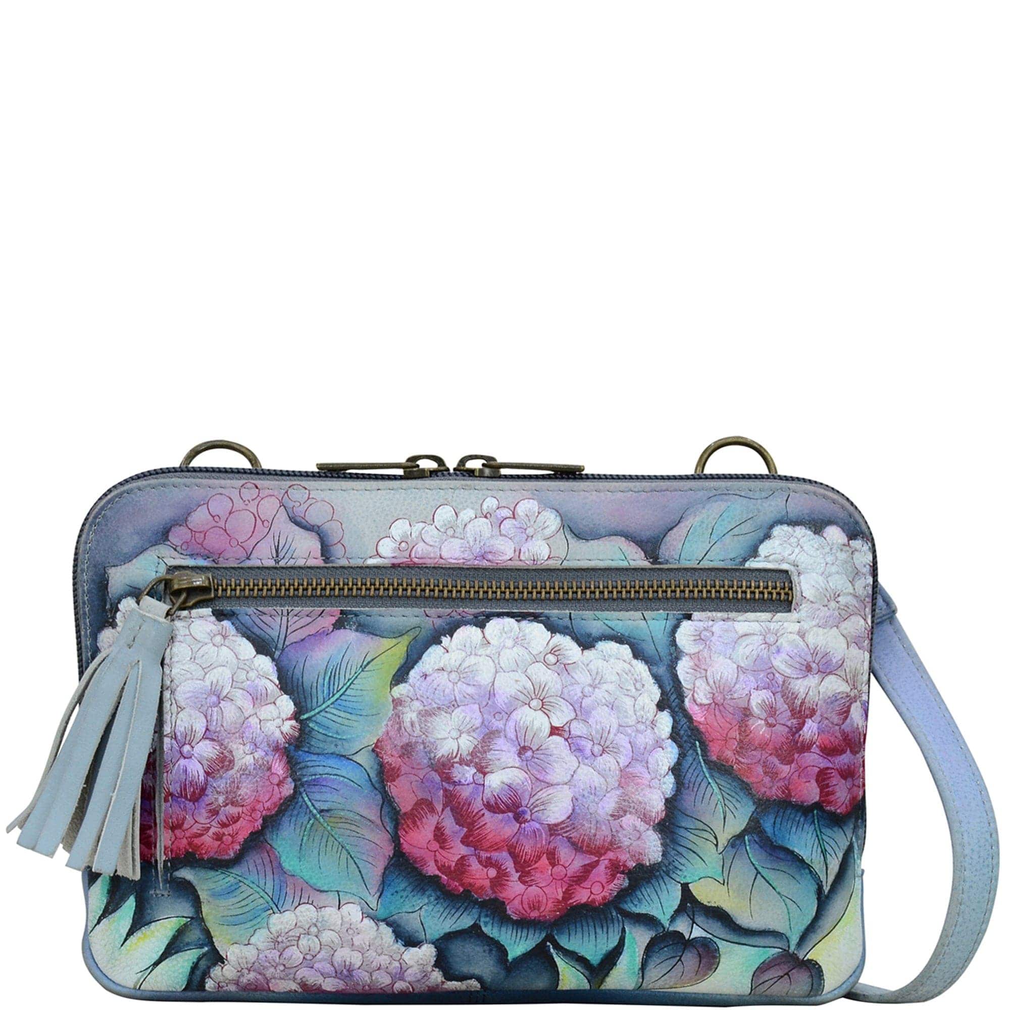 Anuschka Style 663, handpainted Crossbody/Belt Bag. Hypnotic Hydrangeas painting
