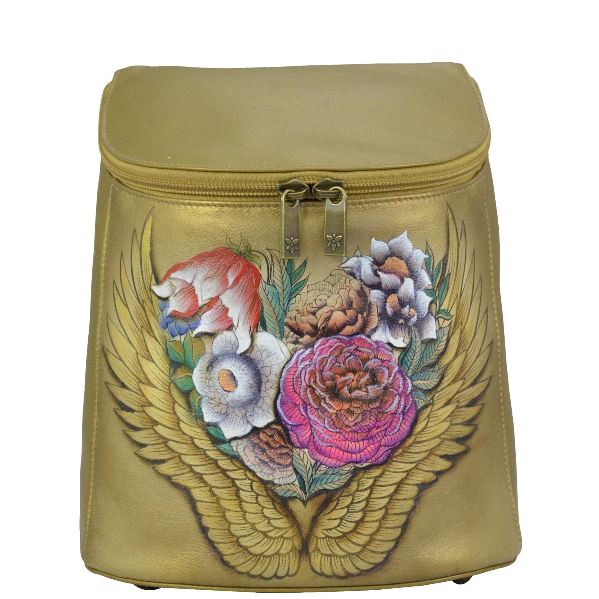 Anuschka style 685, handpainted Bucket Backpack, Angel Wings painting in tan color. Featuring One gusseted multipurpose pocket. Rear full-length pocket with magnetic snap button, Two fully adjustable shoulder strap, Quick grip handle.