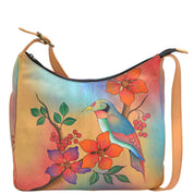 Anna by Anuschka style 7006, handpainted Large Hobo. Bird on a Branch painting in red/wine color. Featuring inside zippered wall pocket, cell and multi purpose pocket and broad adjustable handle with handle drop, Fits Laptop and tablet.