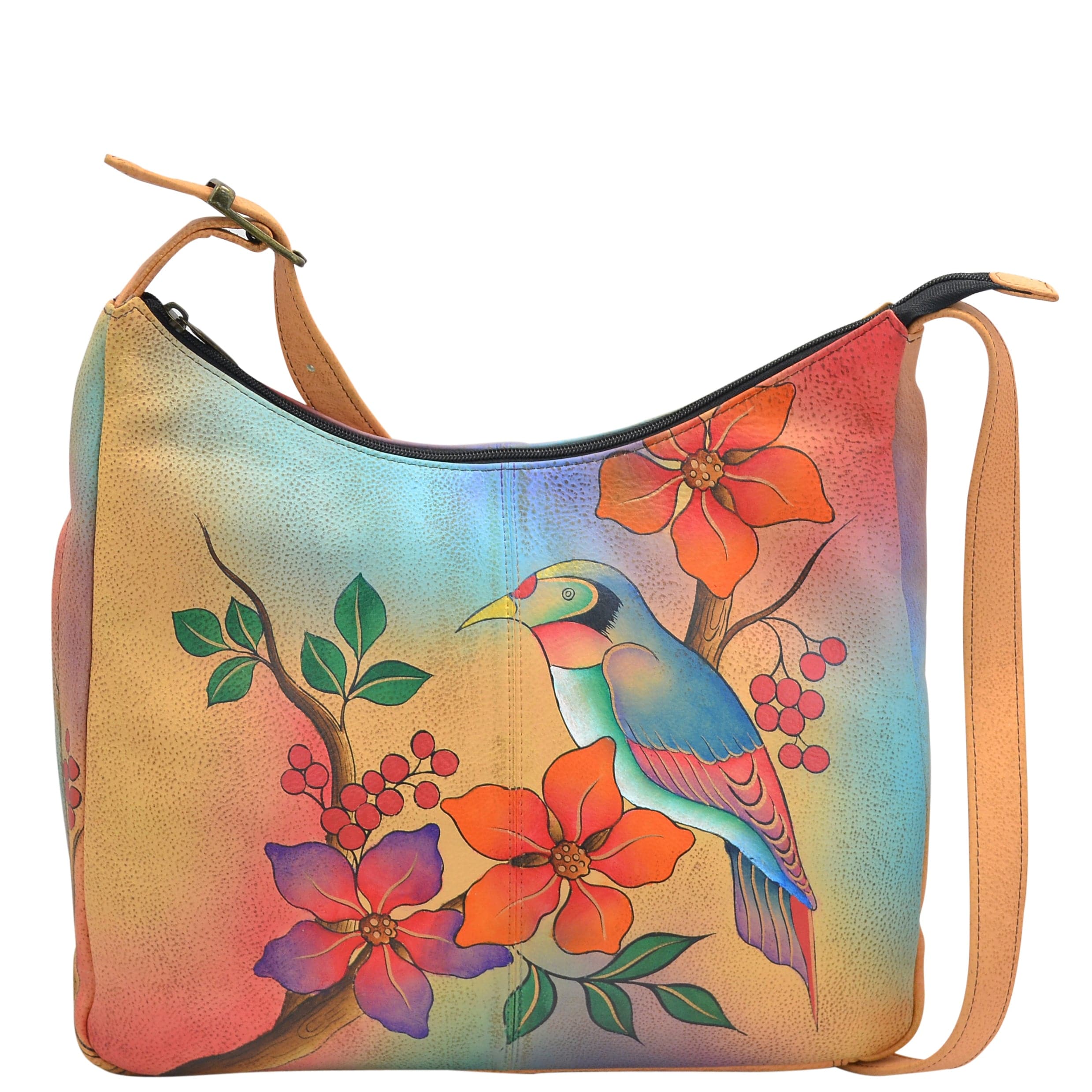 Anna by Anuschka style 7006, handpainted Large Hobo. Bird on a Branch painting in red/wine color. Featuring inside zippered wall pocket, cell and multi purpose pocket and broad adjustable handle with handle drop, Fits Laptop and tablet.