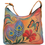 Anna by Anuschka style 7006, handpainted Large Hobo. Peacock Butterfly painting in multi color. Featuring inside zippered wall pocket, cell and multi purpose pocket and broad adjustable handle with handle drop, Fits Laptop and tablet.