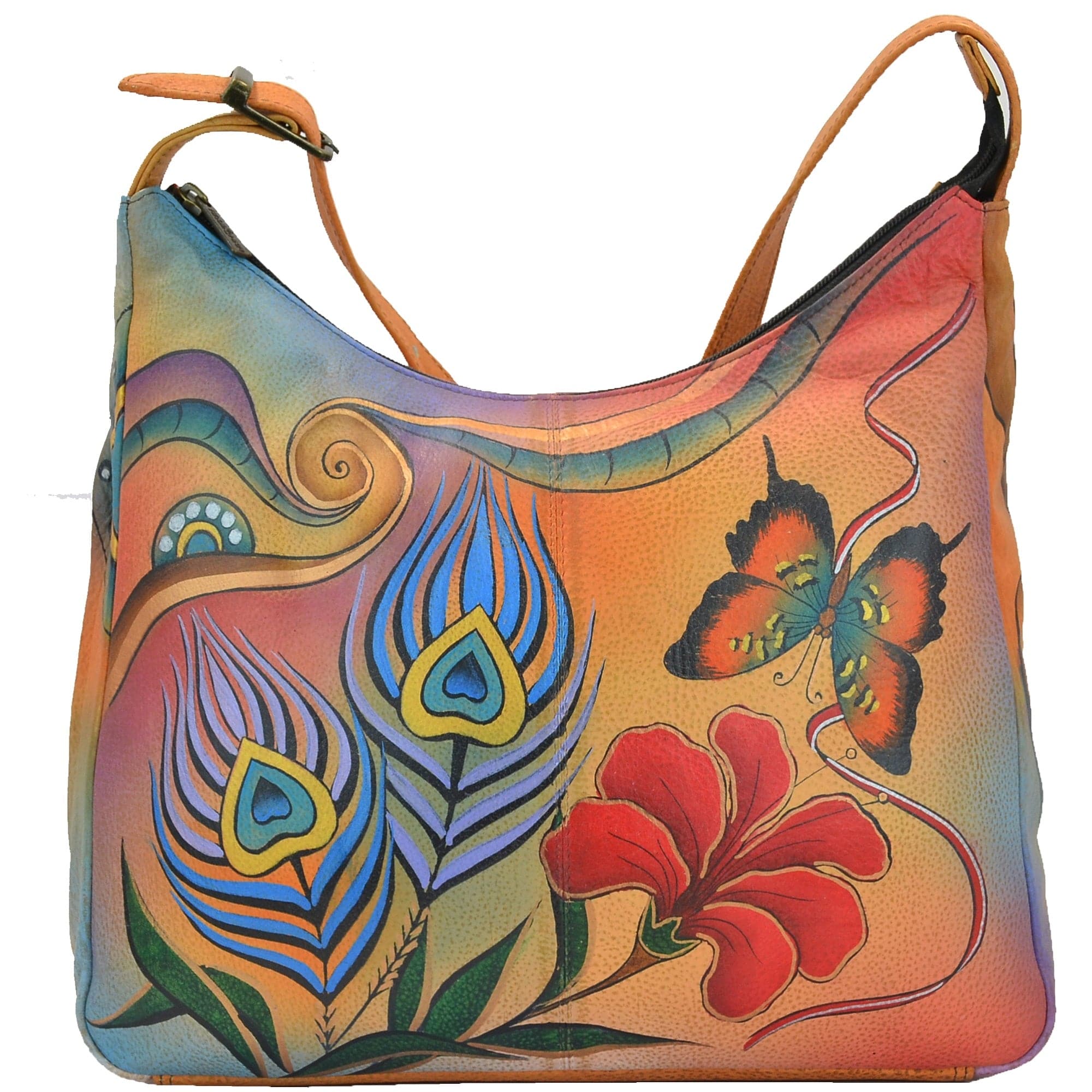 Anna by Anuschka style 7006, handpainted Large Hobo. Peacock Butterfly painting in multi color. Featuring inside zippered wall pocket, cell and multi purpose pocket and broad adjustable handle with handle drop, Fits Laptop and tablet.