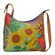 Anna by Anuschka style 7006, handpainted Large Hobo. Sunflower Safari painting in yellow color. Featuring inside zippered wall pocket, cell and multi purpose pocket and broad adjustable handle with handle drop, Fits Laptop and tablet.
