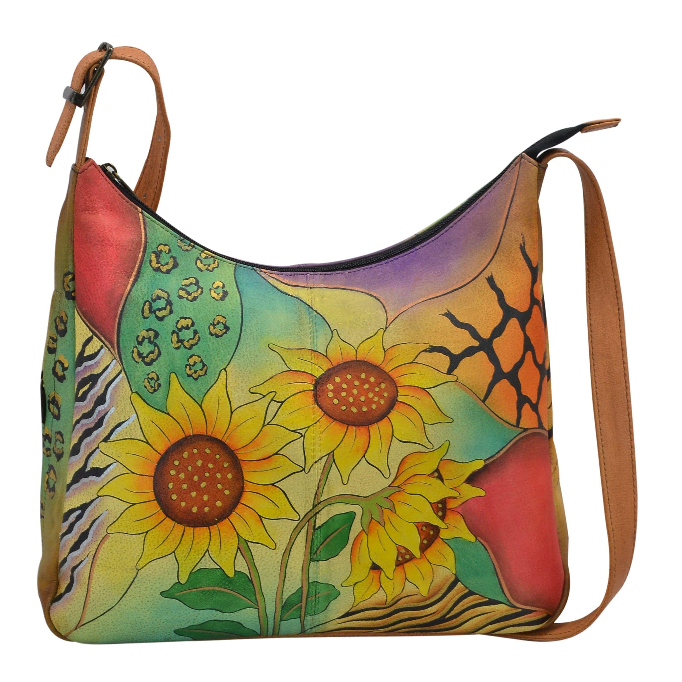 Anna by Anuschka style 7006, handpainted Large Hobo. Sunflower Safari painting in yellow color. Featuring inside zippered wall pocket, cell and multi purpose pocket and broad adjustable handle with handle drop, Fits Laptop and tablet.