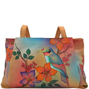 Anna by Anuschka style 7008, handpainted Shopper. Bird on a Branch painting in red/wine color. Featuring Inside zippered wall pocket, zippered partition pocket, cell and multipurpose pocket, Fits Laptop and tablet.