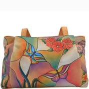 Anna by Anuschka style 7008, handpainted Shopper. Butterfly Glass Painting painting in multi color. Featuring Inside zippered wall pocket, zippered partition pocket, cell and multipurpose pocket, Fits Laptop and tablet.