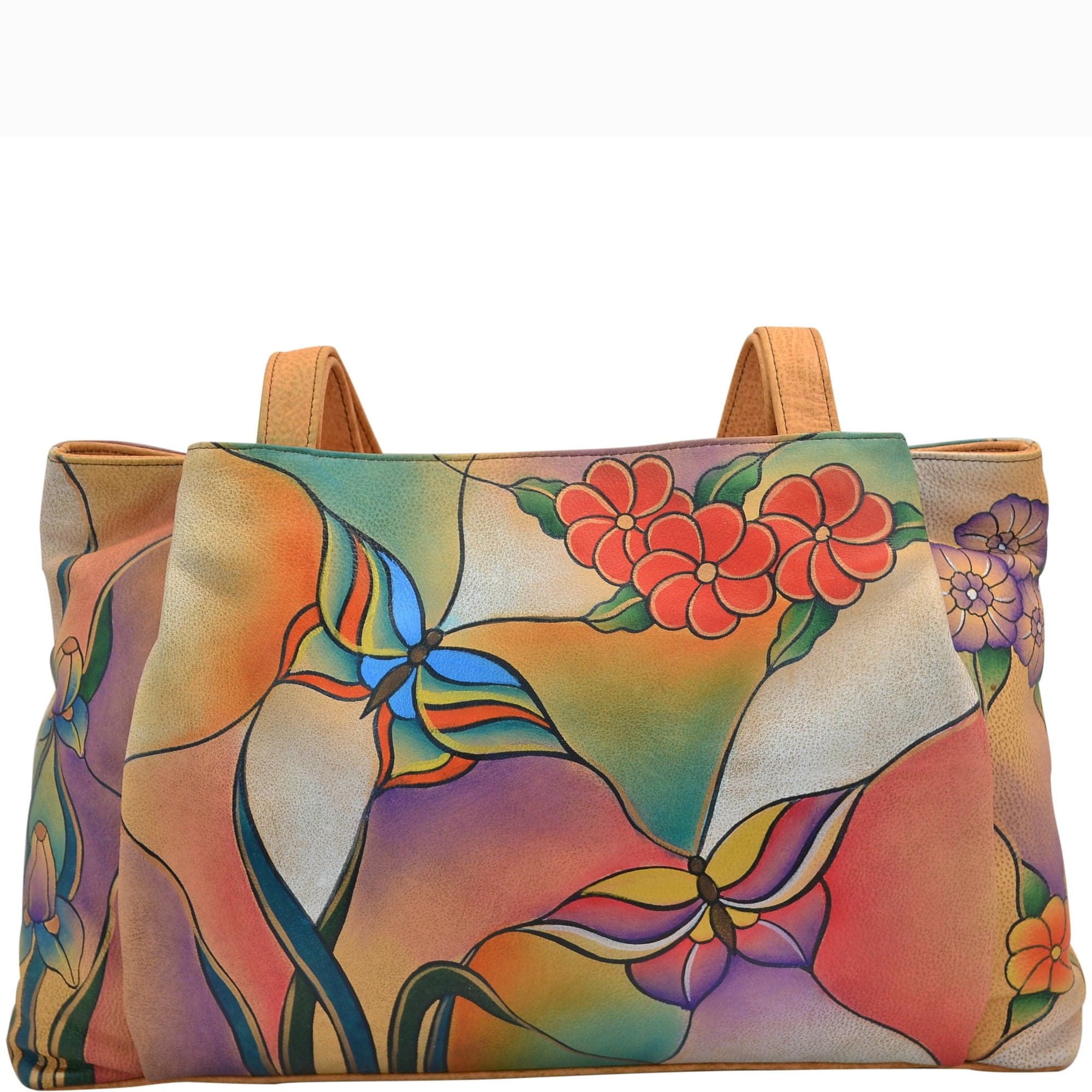 Anna by Anuschka style 7008, handpainted Shopper. Butterfly Glass Painting painting in multi color. Featuring Inside zippered wall pocket, zippered partition pocket, cell and multipurpose pocket, Fits Laptop and tablet.