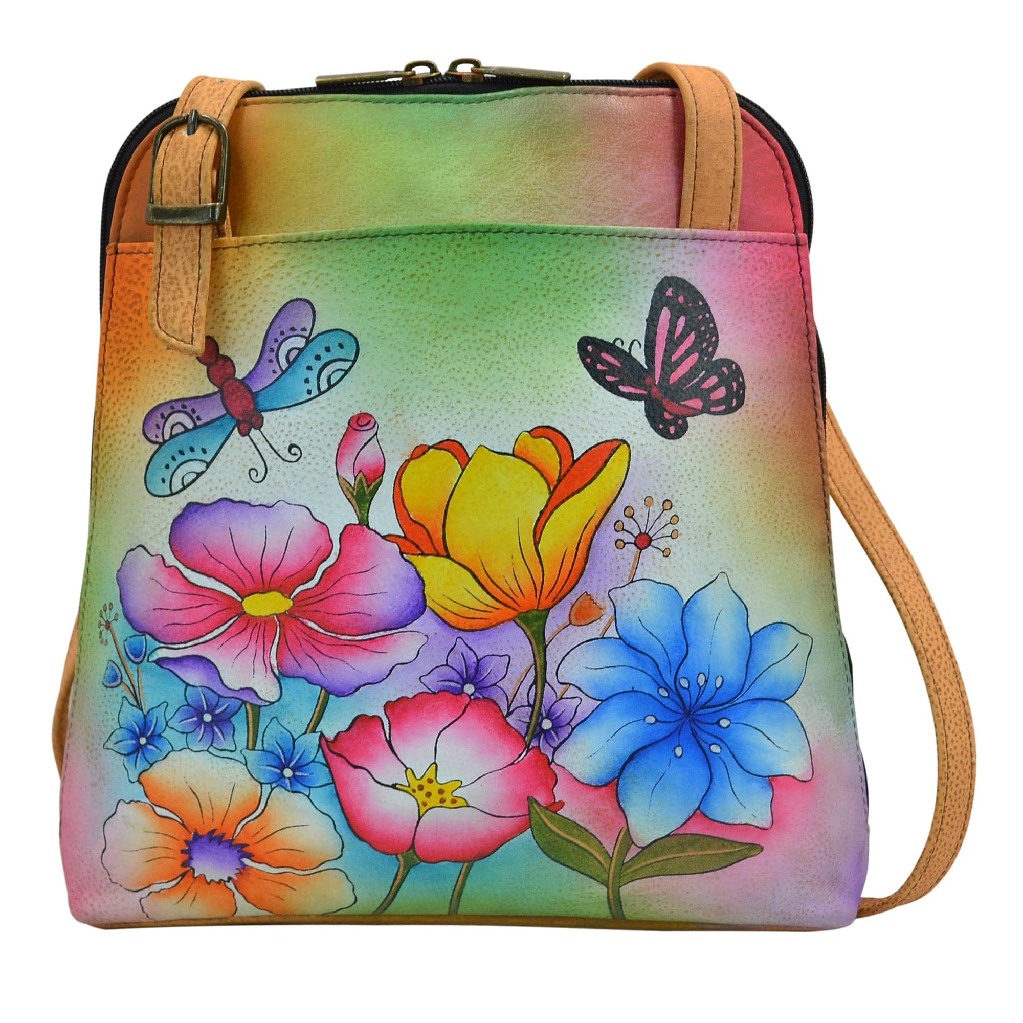 Anna by Anuschka style 7010, handpainted Zip Around Satchel. Floral Garden painting in yellow color. Featuring full length outer pockets (front and back) with magnetic closure, Fits E-Reader and tablet.