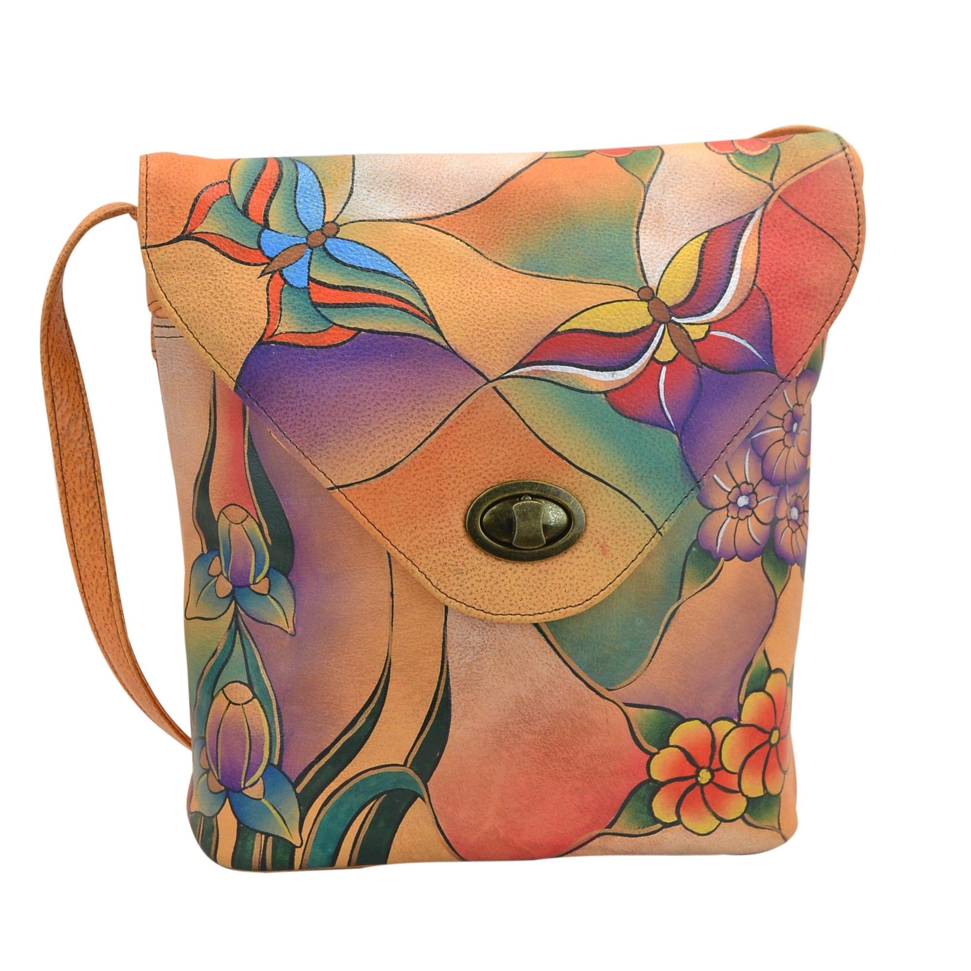 Anna by Anuschka style 8059, handpainted V Shaped Flap Bag. Butterfly Glass Painting painting in multi color. Featuring inside zippered wall pocket, cell and multi purpose pocket, Turn Lock, Fits tablet, Fits E-Reader.