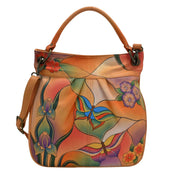 Anna by Anuschka style 8033, handpainted Convertible Tote. Butterfly Glass Painting painting in multi color. Featuring inside zippered wall pocket, cell and multi purpose pocket, small rope handle, Removable strap, Fits Laptop.