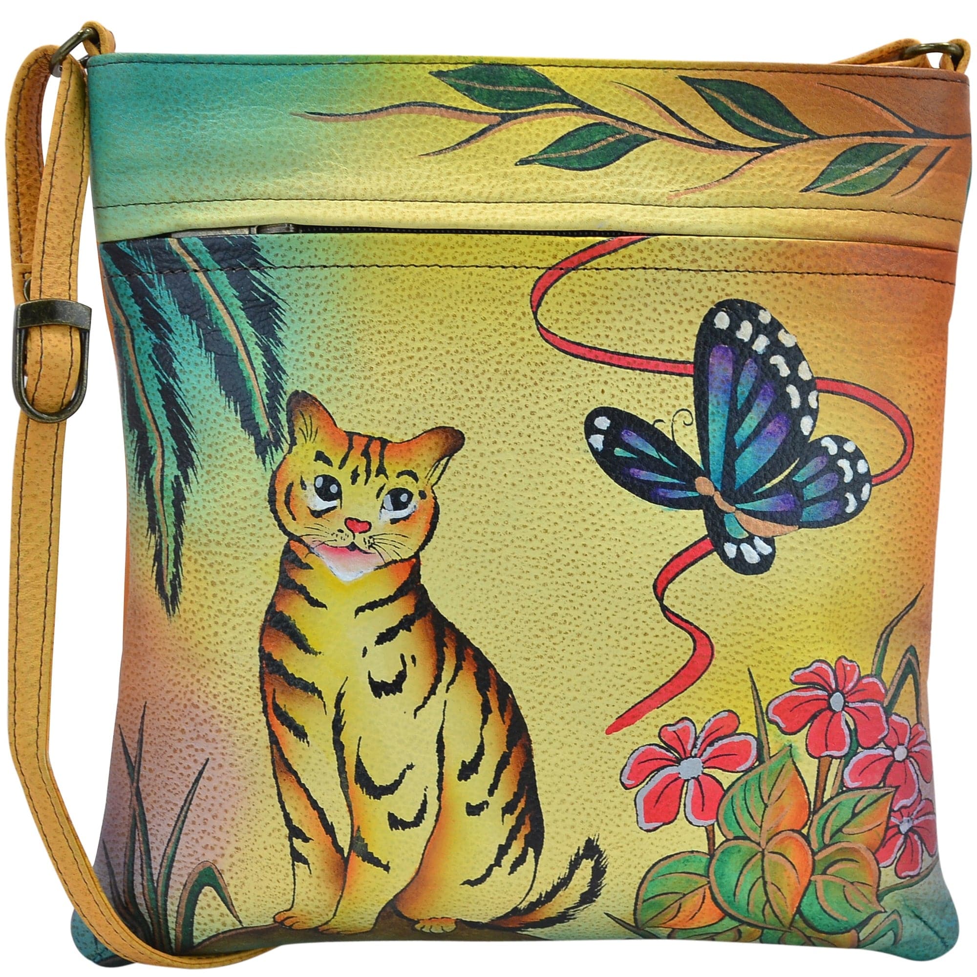 Anna by Anuschka style 8034, handpainted Slim Crossbody. Cat painting in yellow color. Featuring inside zippered wall pocket, adjustable shoulder strap and Fits Laptop.