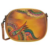 Anna by Anuschka style 8042, handpainted Multi Compartment Convertible. Royal Paisley painting in brown color. Featuring inside zippered wall pocket and cell pocket, Fits tablet, Fits E-Reader.