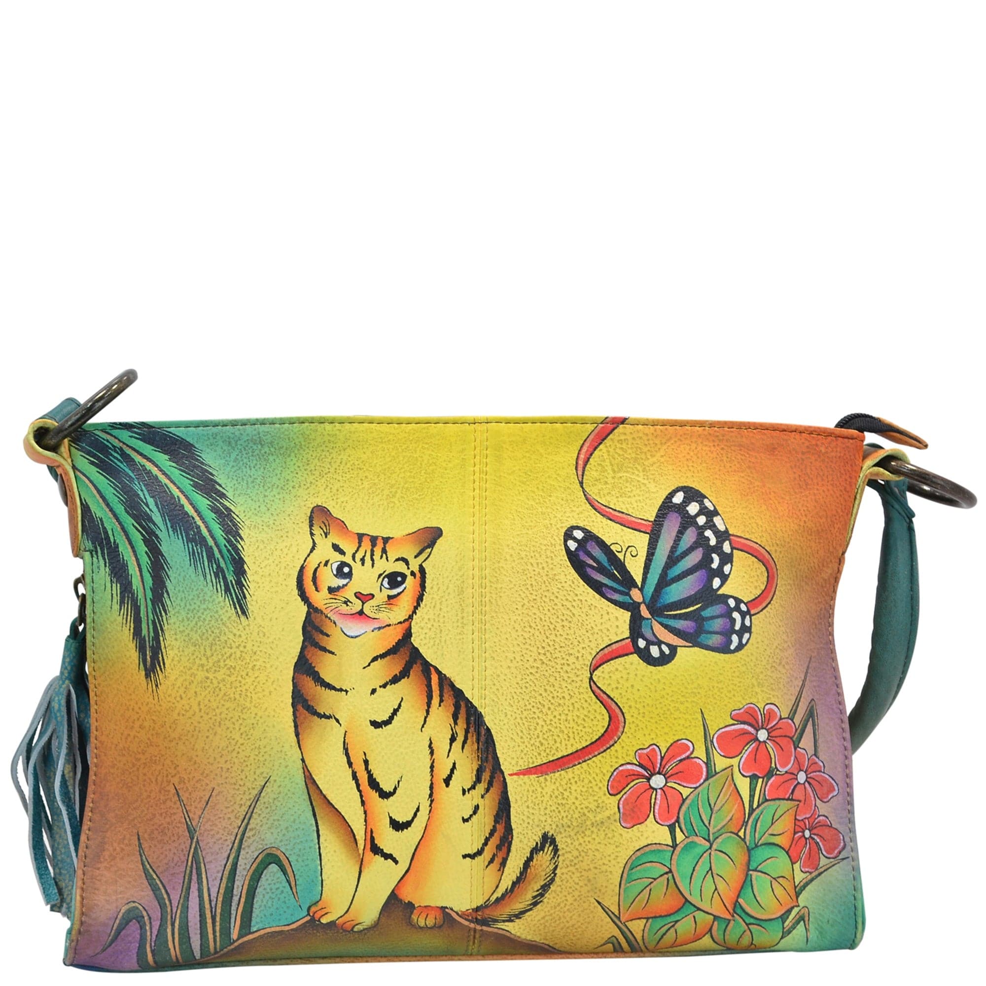 Anna by Anuschka style 8043, handpainted Multi Compartment Satchel. Cat painting in yellow color. Featuring inside zippered wall pocket and cell pocket, Fits E-Reader, Fits tablet.