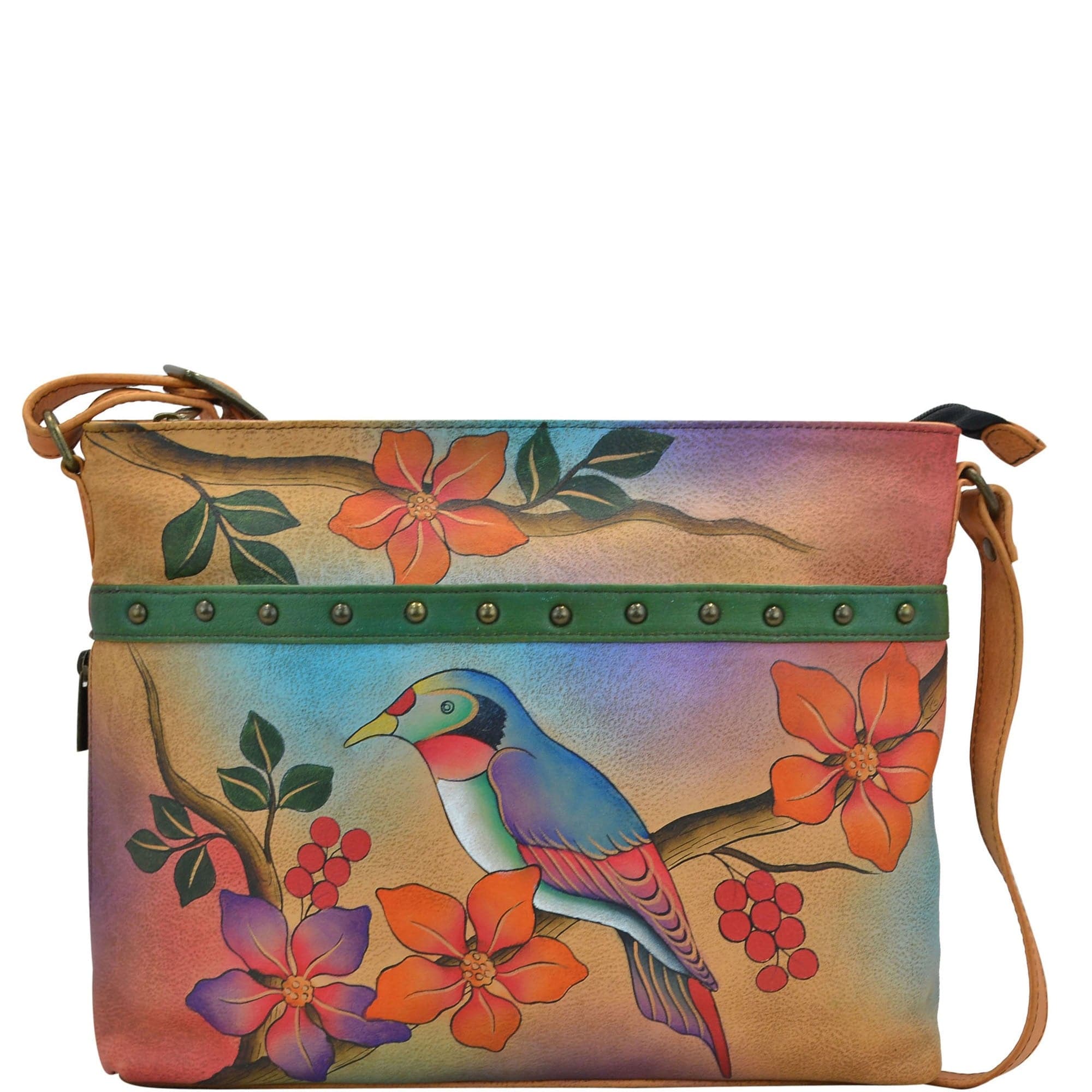 Anna by Anuschka style 8044, handpainted Organizer Crossbody. Bird on a Branch painting in red/wine color. Featuring built-in organizer, all-round zippered, four card holders, two wall pockets, Fits Laptop.