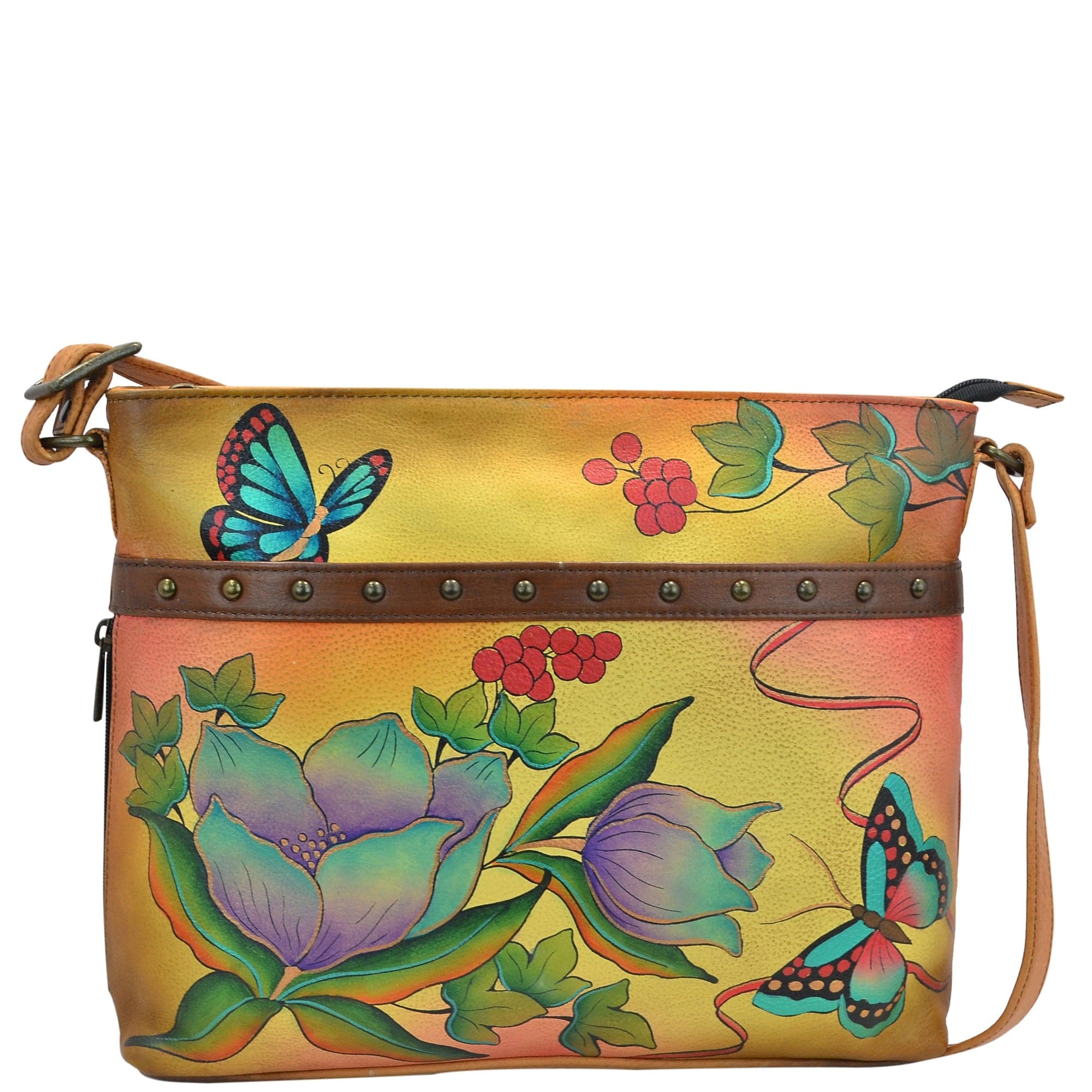 Anna by Anuschka style 8044, handpainted Organizer Crossbody. Country Flower painting in multi color. Featuring built-in organizer, all-round zippered, four card holders, two wall pockets, Fits Laptop.