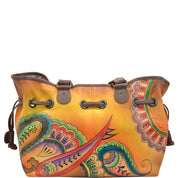 Anna by Anuschka style 8050, handpainted Draw-String Tote. Royal Paisley painting in brown color. Featuring inside open wall pocket and zippered pocket, cell and multi purpose pocket and key holder, Fits Laptop, Fits tablet, Fits E-Reader.