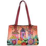 Anna by Anuschka style 8051, handpainted Multi Pockets Organizer. Village Of Dreams painting in red/wine color. Featuring built-in organizer, inside two zippered wall pocket, cell and multipurpose pocket. One PDA holder and five credit card holders, Fits Laptop.