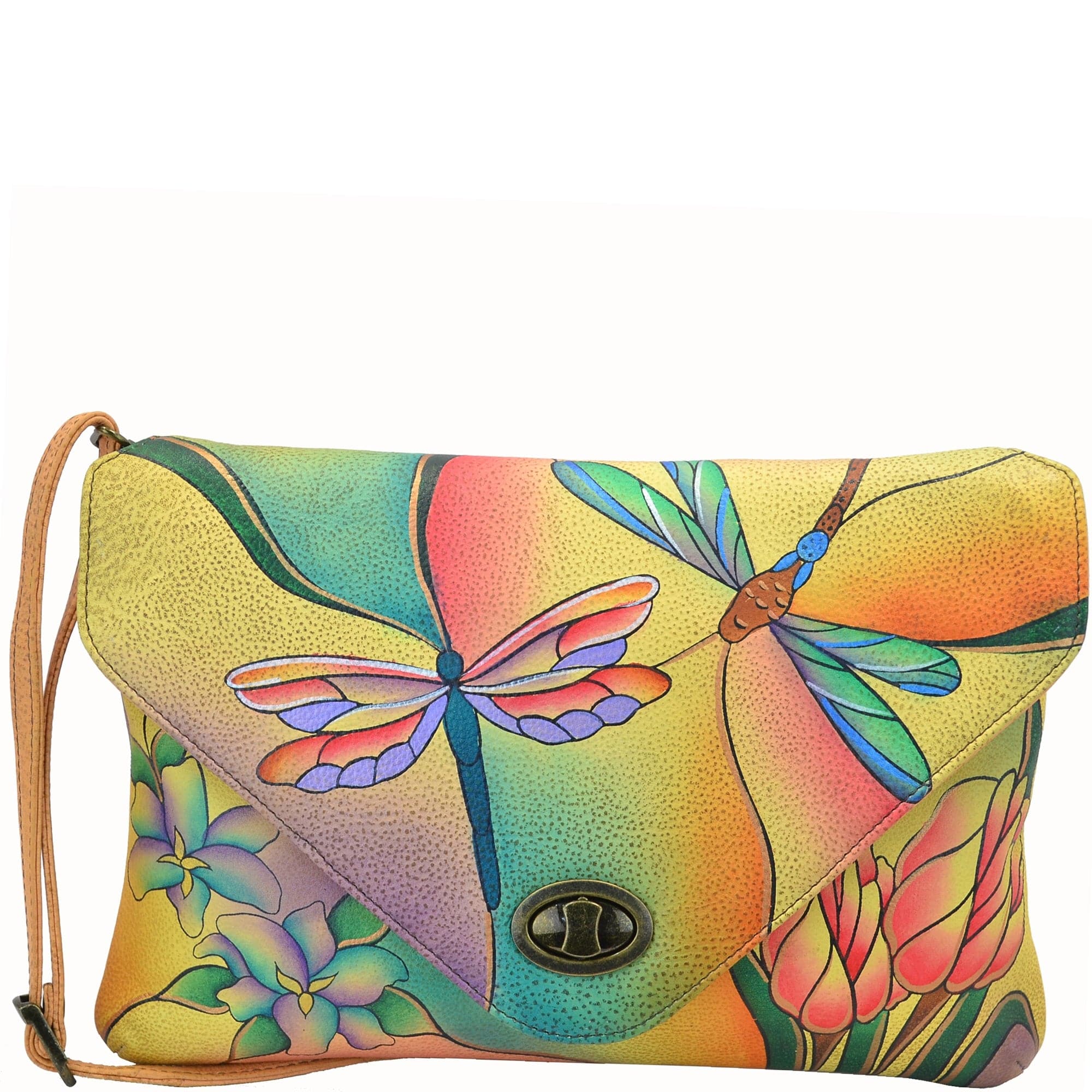 Anna by Anuschka style 8057, handpainted Envelope Clutch. Dragonfly Glass Painting painting in multi color. Featuring inside zippered wall pocket, cell and multi purpose pocket, Turn Lock, Fits tablet, Fits E-Reader.