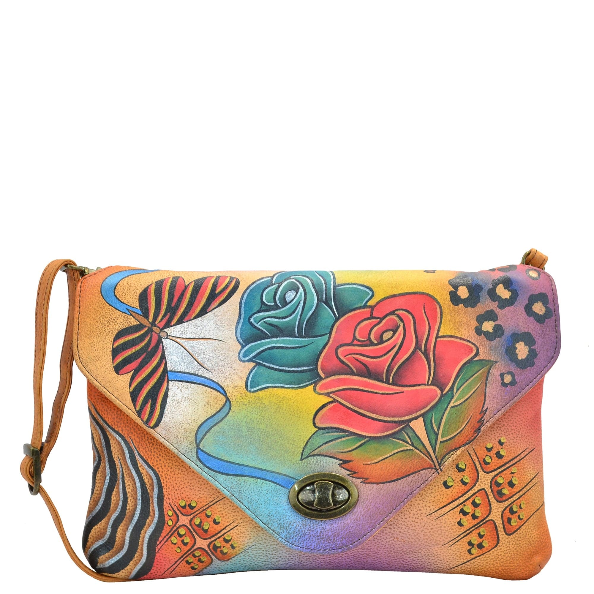 Anna by Anuschka style 8057, handpainted Envelope Clutch. Rose Safari painting in multi color. Featuring inside zippered wall pocket, cell and multi purpose pocket, Turn Lock, Fits tablet, Fits E-Reader.