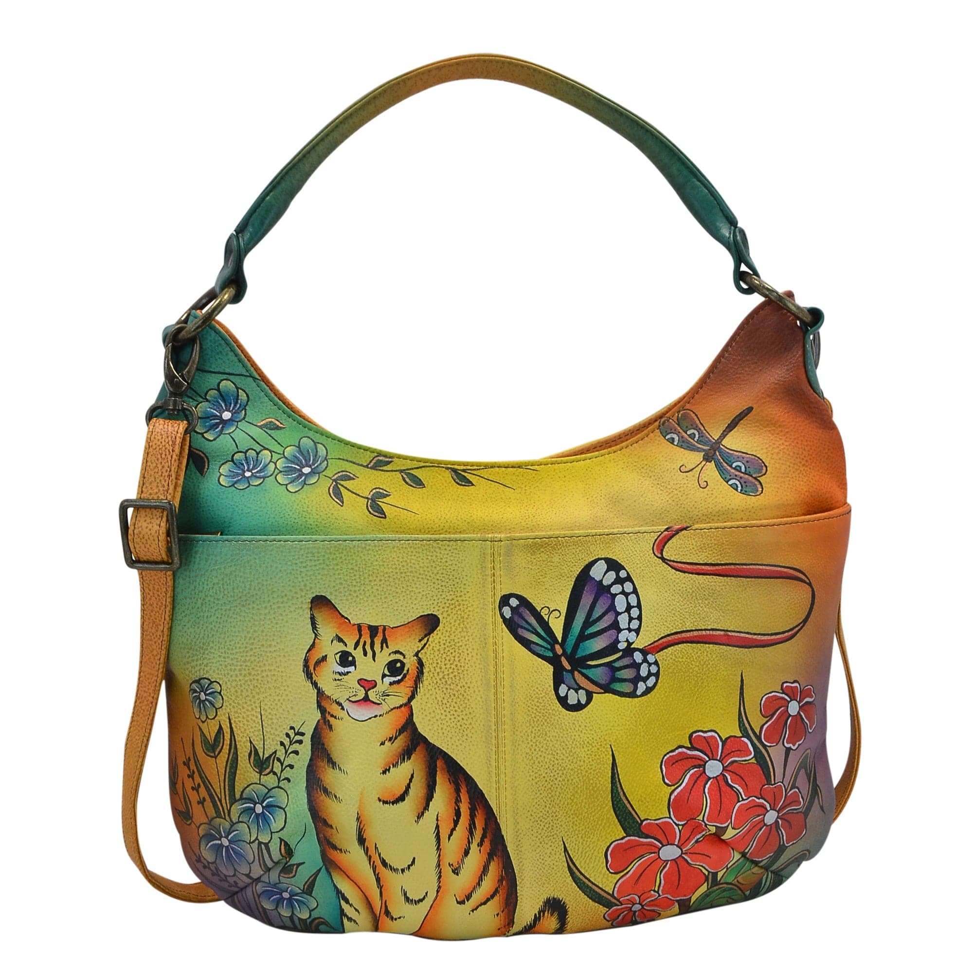 Anna by Anuschka style 8061, handpainted Convertible Hobo. Cat painting in yellow color. Featuring inside zippered wall pocket and two multipurpose pockets.