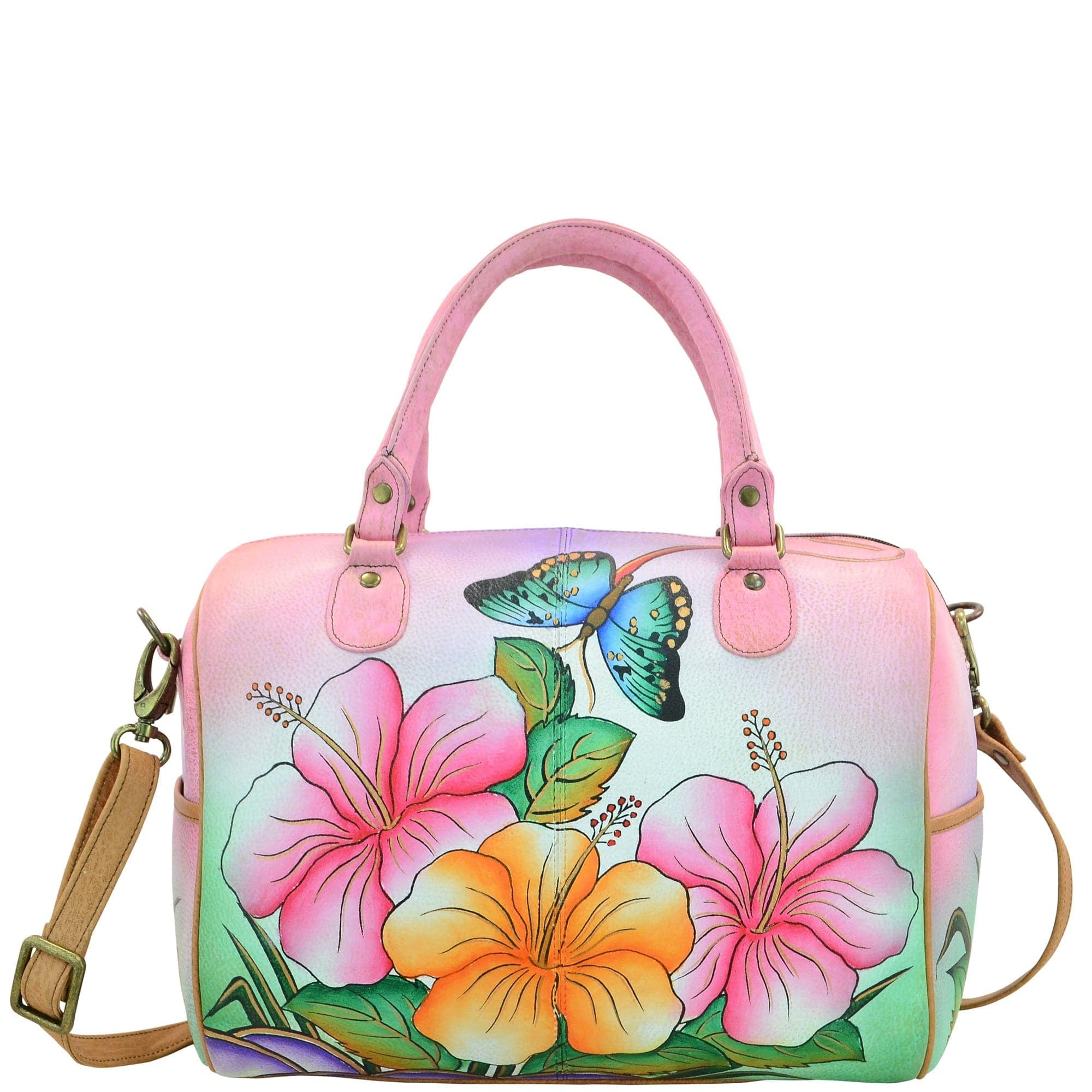 Anna by Anuschka style 8067, handpainted Large Zip Around Satchel. Hawaiian Hibiscus painting in multi color. Featuring inside zippered wall pocket, cell and multi purpose pocket, Removable strap, Fits Laptop.