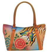 Anna by Anuschka style 8072, handpainted Medium Tote. Antique Rose Safari painting in multi color. Featuring inside zippered wall pocket, cell and multi purpose pocket, Fits tablet, Fits E-Reader