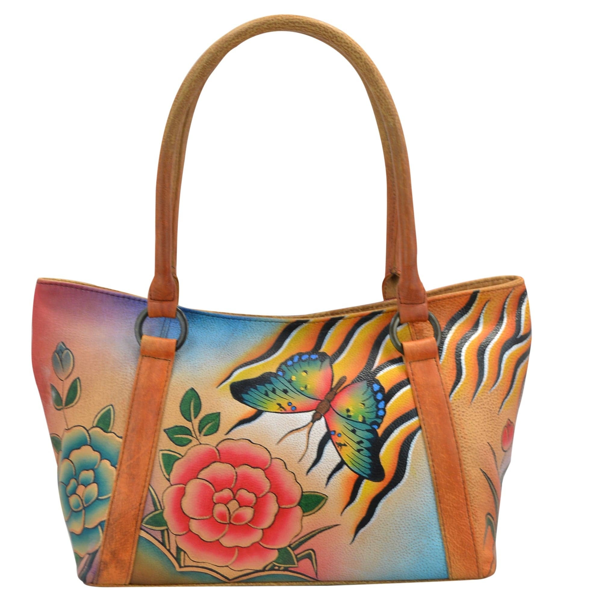 Anna by Anuschka style 8072, handpainted Medium Tote. Antique Rose Safari painting in multi color. Featuring inside zippered wall pocket, cell and multi purpose pocket, Fits tablet, Fits E-Reader