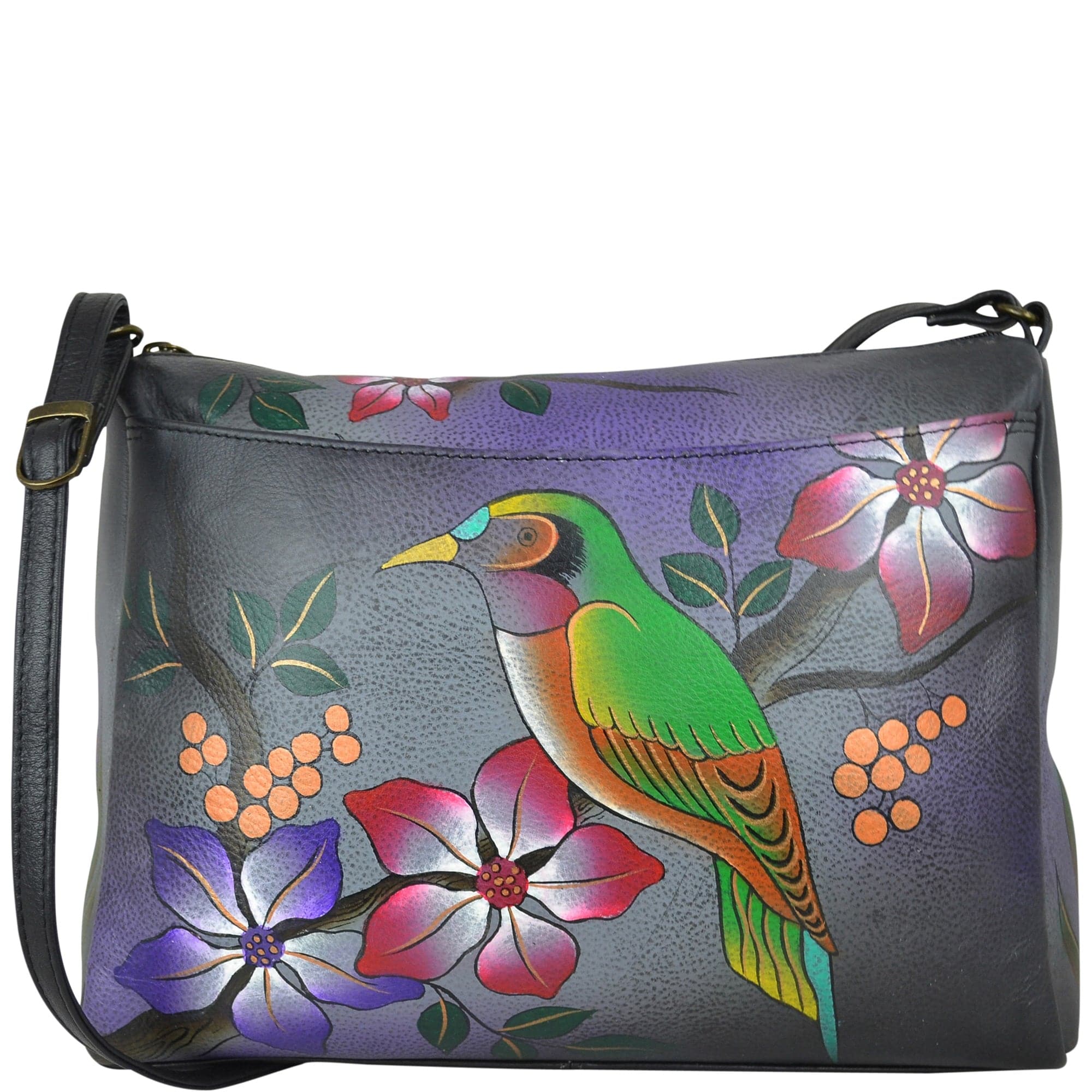 Anna by Anuschka style 8073, handpainted East West Bag. Bird on a Branch Grey painting in grey color. Featuring full length pocket with magnetic closure, Fits tablet, Fits E-Reader, Fits phone.