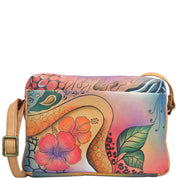 Anna by Anuschka style 8076, handpainted Satchel Organizer. Floral Abstract painting in multi color. Featuring built-in organizer, Rear has a zip around organizer with 4 credit card pockets, 2 multipurpose pockets and 1 ID window, Fits tablet, Fits E-Reader.