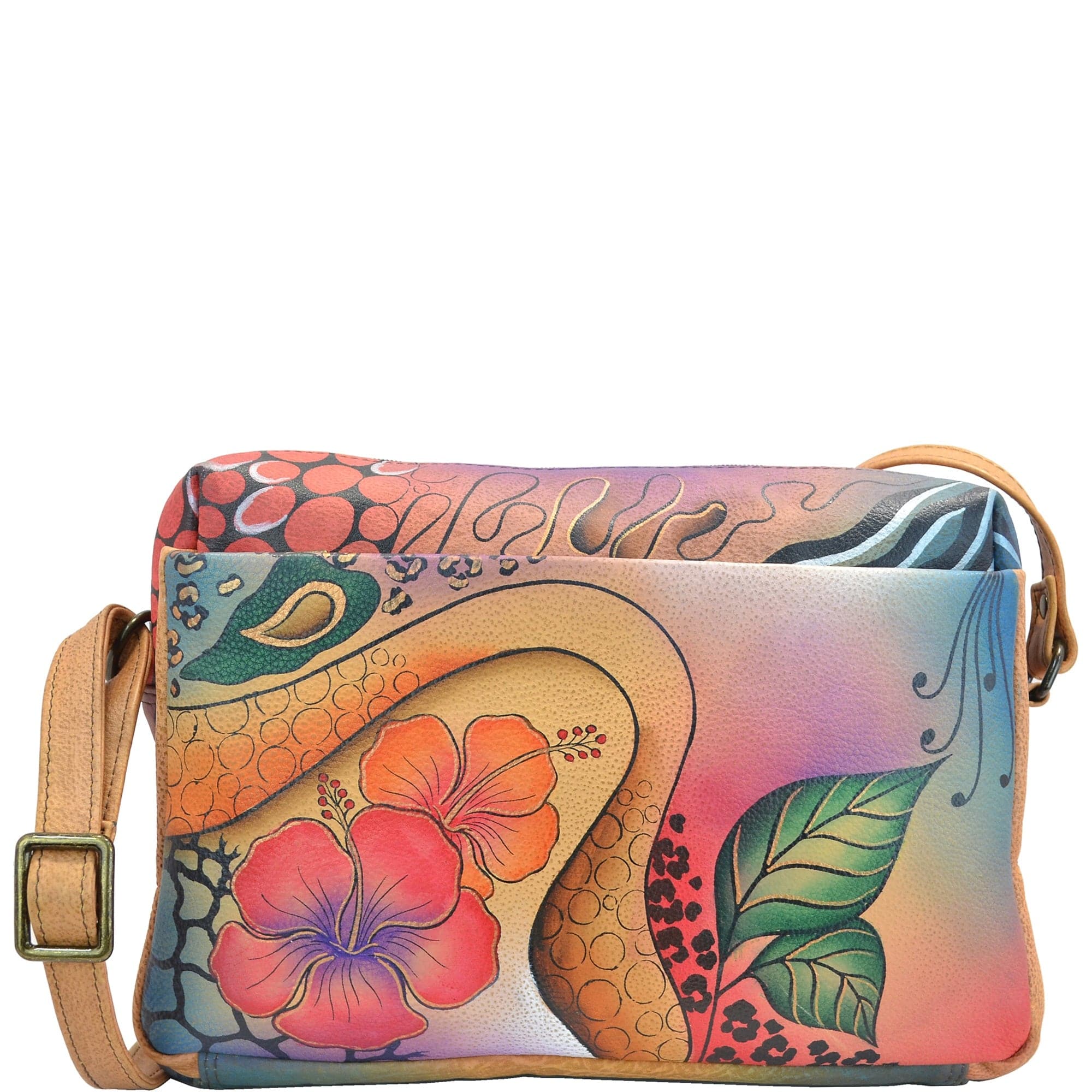 Anna by Anuschka style 8076, handpainted Satchel Organizer. Floral Abstract painting in multi color. Featuring built-in organizer, Rear has a zip around organizer with 4 credit card pockets, 2 multipurpose pockets and 1 ID window, Fits tablet, Fits E-Reader.