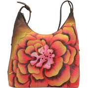 Anna by Anuschka style 8079, handpainted Medium Hobo. Marigold Chocolate painting in brown color. Featuring two Side zippered pockets, Fits tablet, Fits E-Reader.