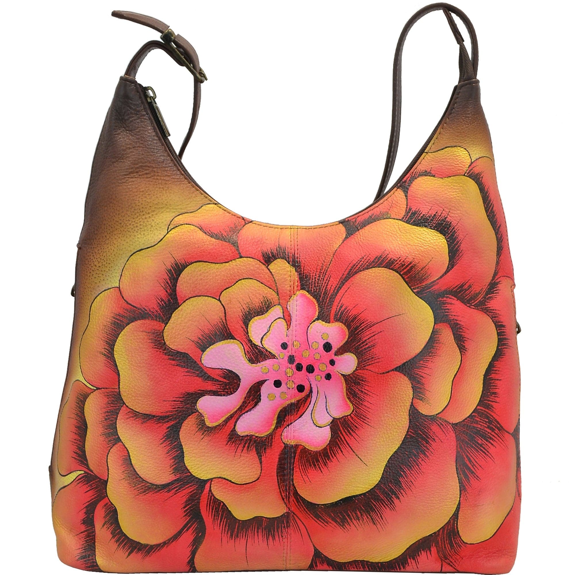 Anna by Anuschka style 8079, handpainted Medium Hobo. Marigold Chocolate painting in brown color. Featuring two Side zippered pockets, Fits tablet, Fits E-Reader.