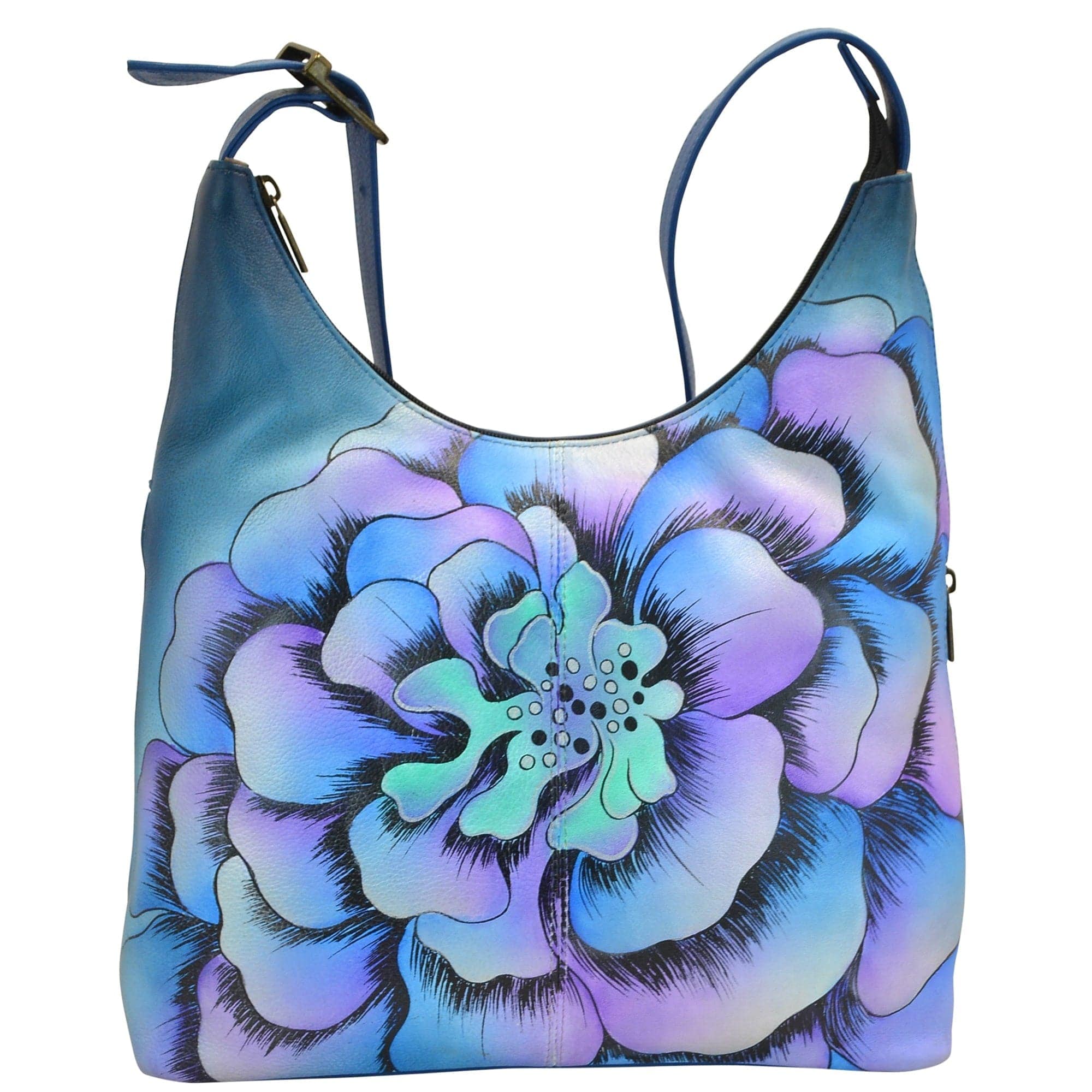 Anna by Anuschka style 8079, handpainted Medium Hobo. Marigold Denim painting in blue color. Featuring two Side zippered pockets, Fits tablet, Fits E-Reader.