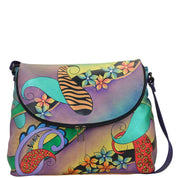 Anna by Anuschka style 8090, handpainted Large Flap Bag. Paisley Collage Eggplant painting in purple color. Featuring flap opens with a magnetic snap closure to main compartment, Fits Laptop, Fits tablet, Fits E-Reader.
