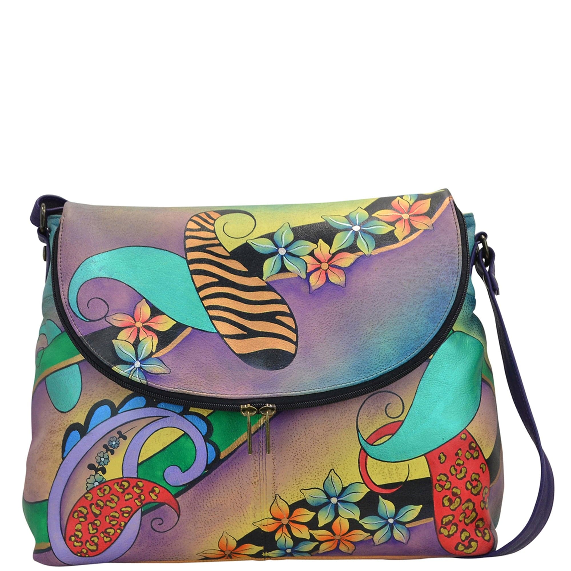Anna by Anuschka style 8090, handpainted Large Flap Bag. Paisley Collage Eggplant painting in purple color. Featuring flap opens with a magnetic snap closure to main compartment, Fits Laptop, Fits tablet, Fits E-Reader.