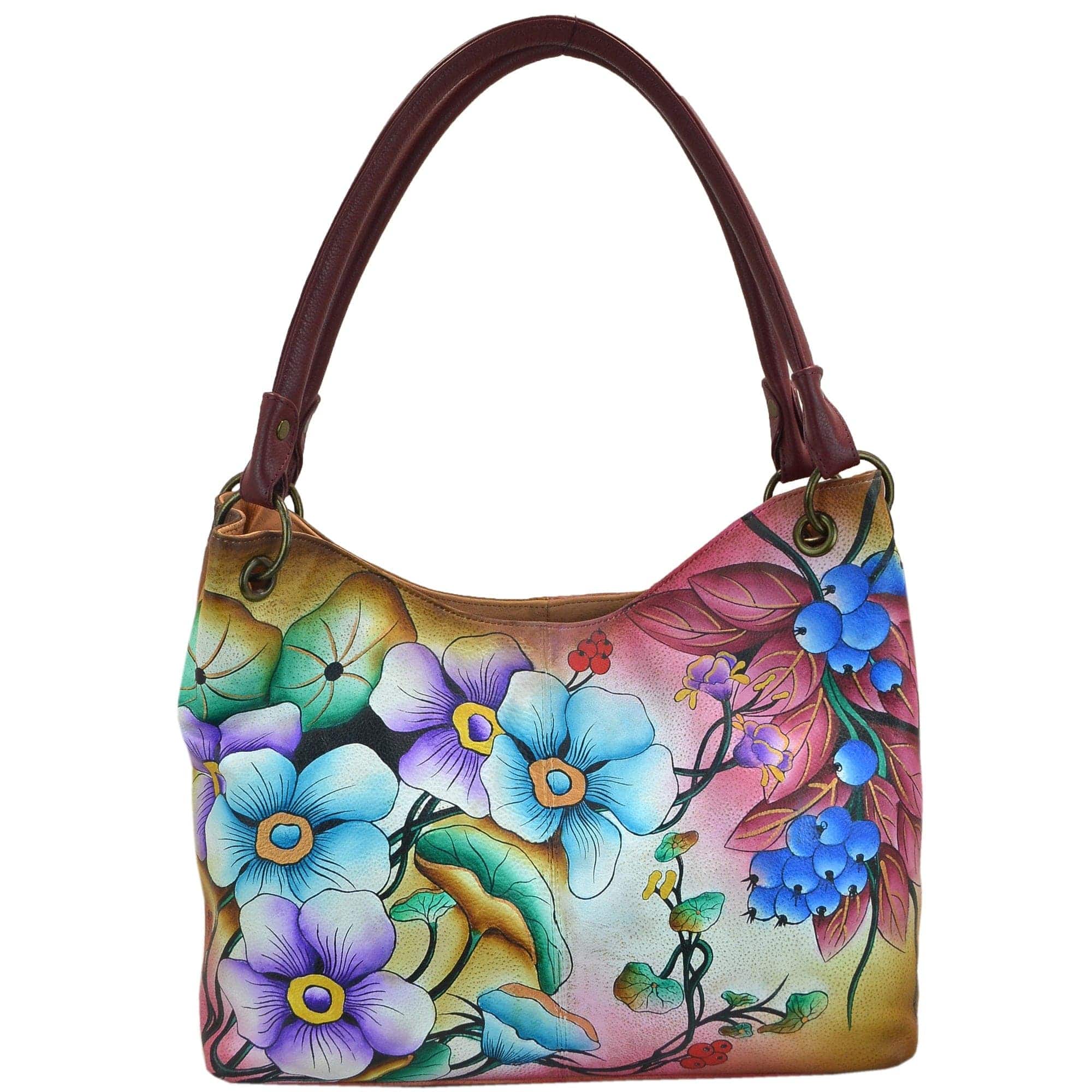 Anna by Anuschka style 8091, handpainted Large Magnetic Satchel. Floral Berries painting in multi color. Featuring two Magnetic closure entry to main compartment, Fits Laptop.