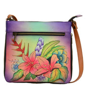 Anna by Anuschka style 8101, handpainted Medium Crossbody. Tropical Bouquet painting in multi color. Featuring inside one zippered pocket, cell and multipurpose pocket one wall to wall pocket.
