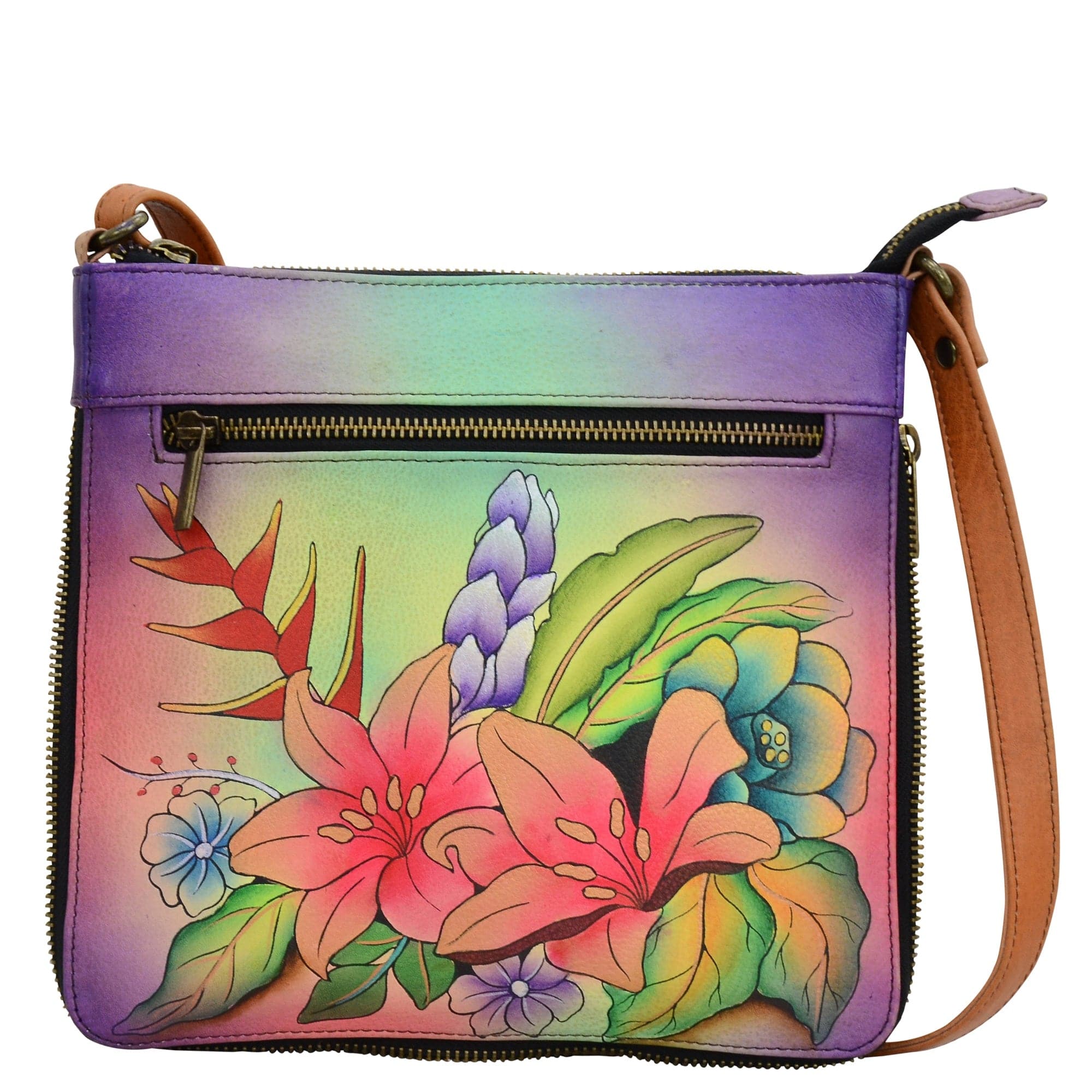 Anna by Anuschka style 8101, handpainted Medium Crossbody. Tropical Bouquet painting in multi color. Featuring inside one zippered pocket, cell and multipurpose pocket one wall to wall pocket.