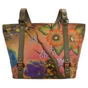 Anna by Anuschka style 8147, handpainted Classic Large Tote. Floral Safari Brown painting in brown color. Featuring inside one full length zippered wall pocket, two multipurpose pockets, Fits tablet, Fits E-Reader.