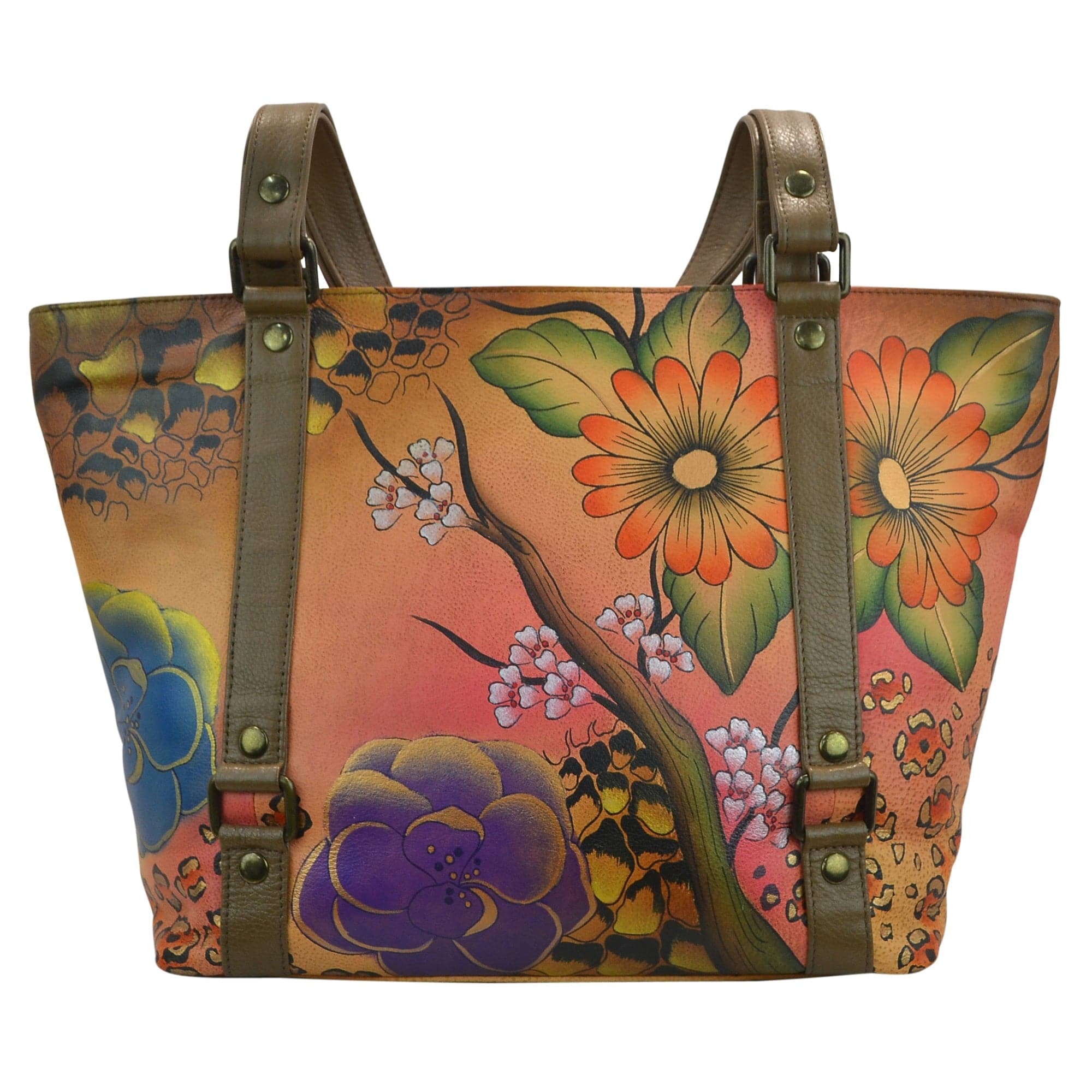 Anna by Anuschka style 8147, handpainted Classic Large Tote. Floral Safari Brown painting in brown color. Featuring inside one full length zippered wall pocket, two multipurpose pockets, Fits tablet, Fits E-Reader.