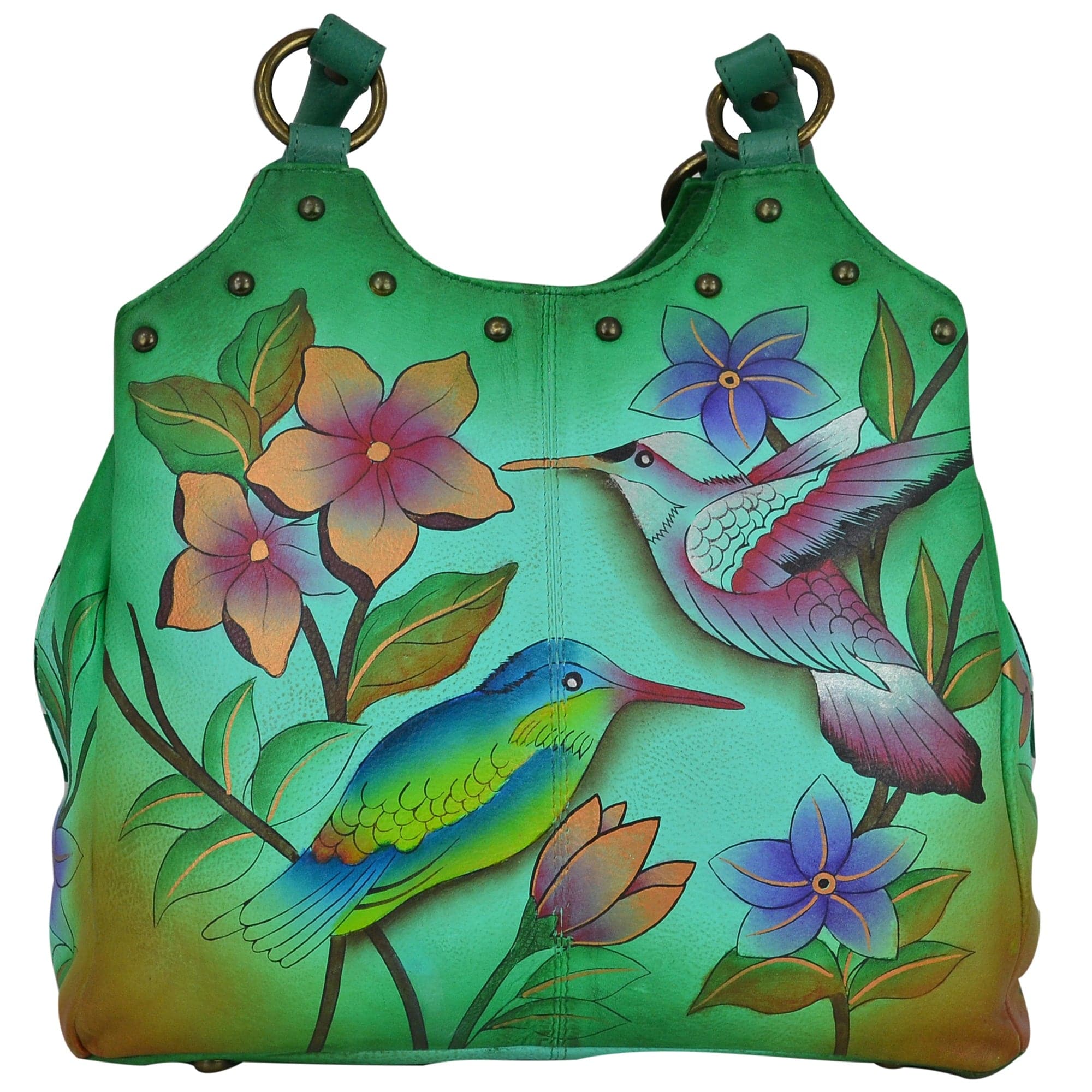 Anna by Anuschka style 8160, handpainted Triple Compartment Medium Satchel. Birds in Paradise Green painting in green/mint color. Featuring two full length outer compartments with magnetic closure, Fits tablet, Fits E-Reader.
